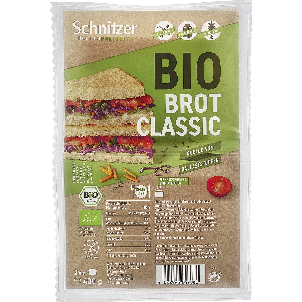 PAINE TOAST CLASICA FARA GLUTEN 2*6 FELII BIO 400G SCHNITZER