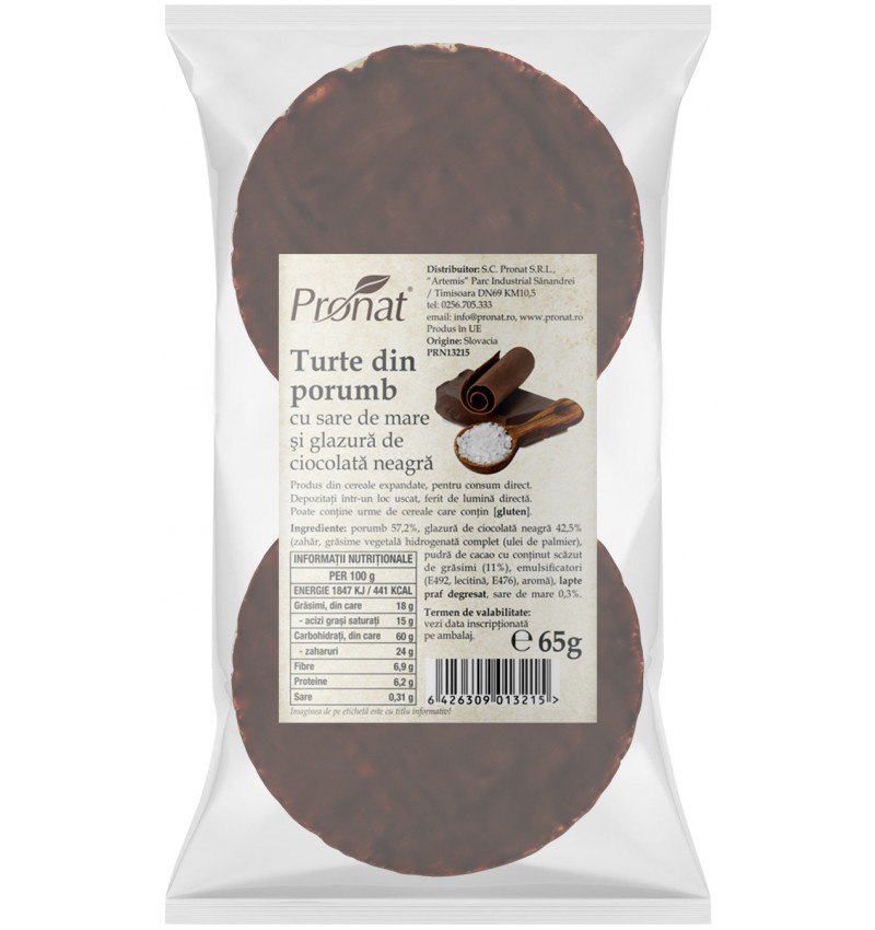 TURTE DIN PORUMB CU SARE DE MARE SI GLAZURA DE CACAO 65G PRONAT